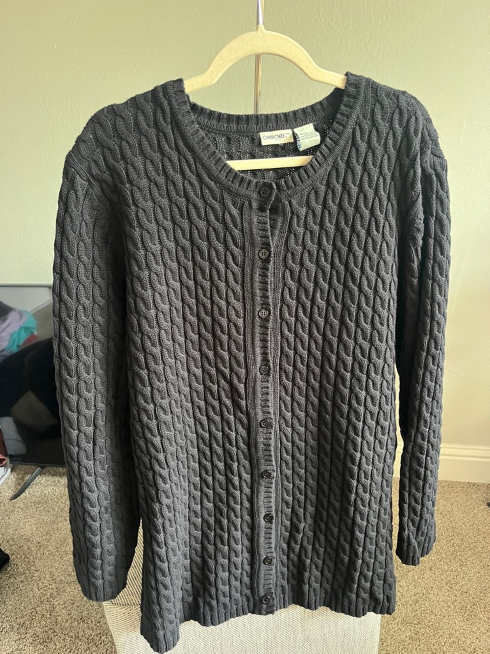 Cherokee Cable Knit Button-Front Cardigan - Charcoal